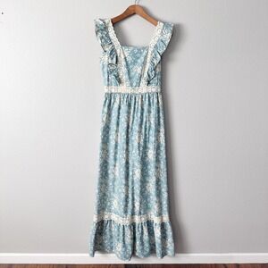 Vintage Shelly's Tall Girls Prairie Cottagecore Maxi Dress Blue Lace Ruffle XS